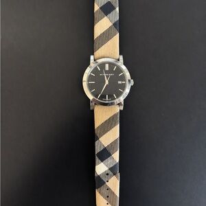 Burberry Black Dial Watch with Beige & Black Plaid Strap